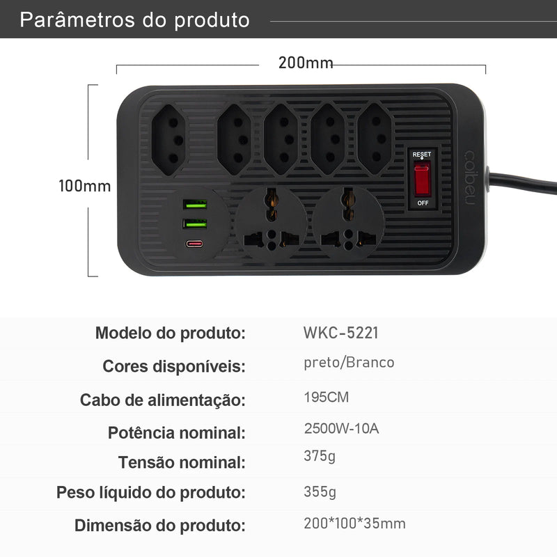 extensão tomada, Régua de tomada, filtro de linha, extensão elétrica, tomada usb, plug, régua tomadas de energia, filtro de linha brasil,100-220V，10A